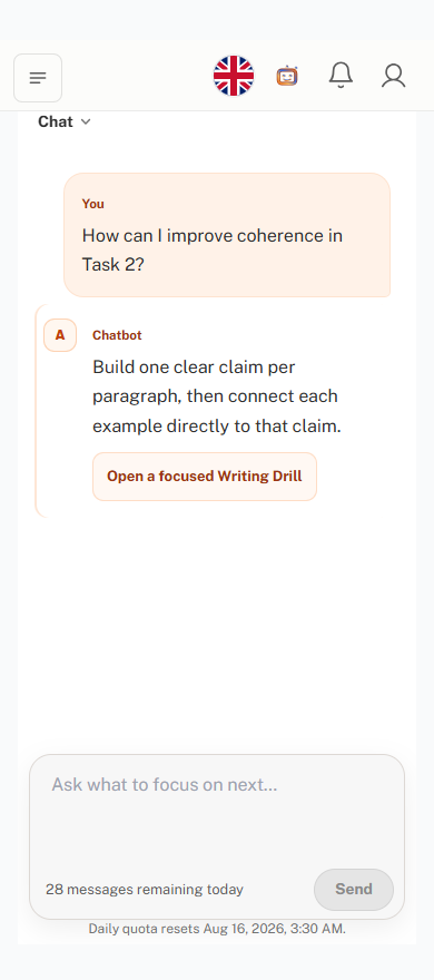 Chat móvil de mockaz con una pregunta de práctica, orientación de IA y el campo para escribir mensajes